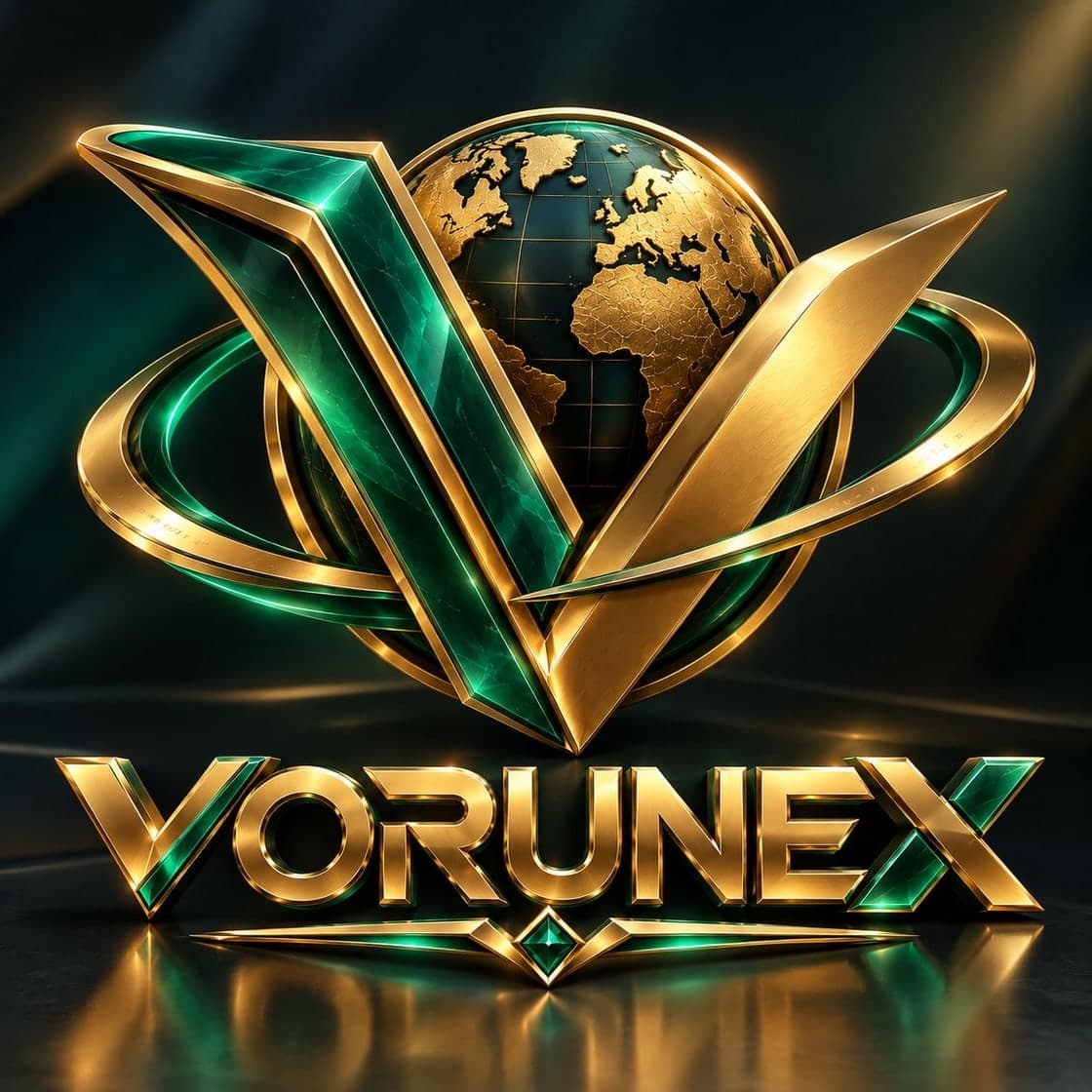 The VORUNEX logo: a gold and emerald V across a gold globe, ringed in gold, above the VORUNEX letters